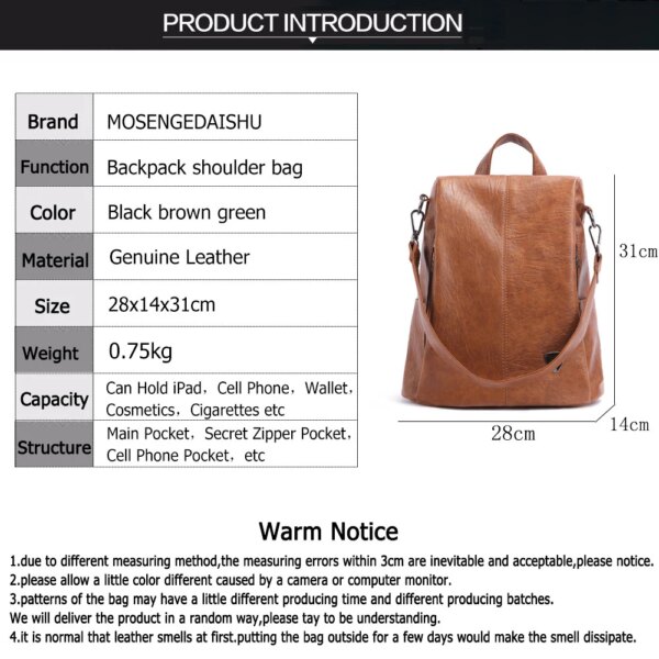 Sac a dos Antivol femme, sacoche d'école Vintage en cuir véritable pour adolescentes