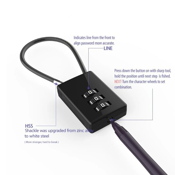 cadenas à code tête de verrouillage HSS, câble métallique difficile à casser