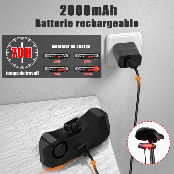 antivol velo Anti-vol, alarme de feu arrière de vélo Rechargeable par USB LED