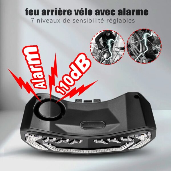 antivol velo Anti-vol, alarme de feu arrière de vélo Rechargeable par USB LED