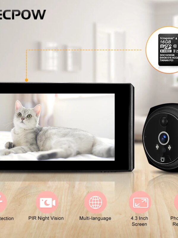 sonnette video sans fil intelligente pour maison, 4.3 pouces, caméra de porte 140 ° HD PIR