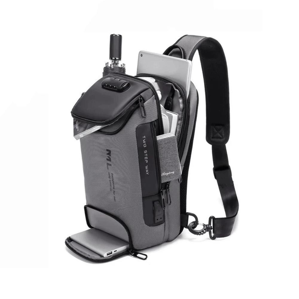 Sac antivol bandoulière antivol pour hommes, sac de poitrine à serrure USB