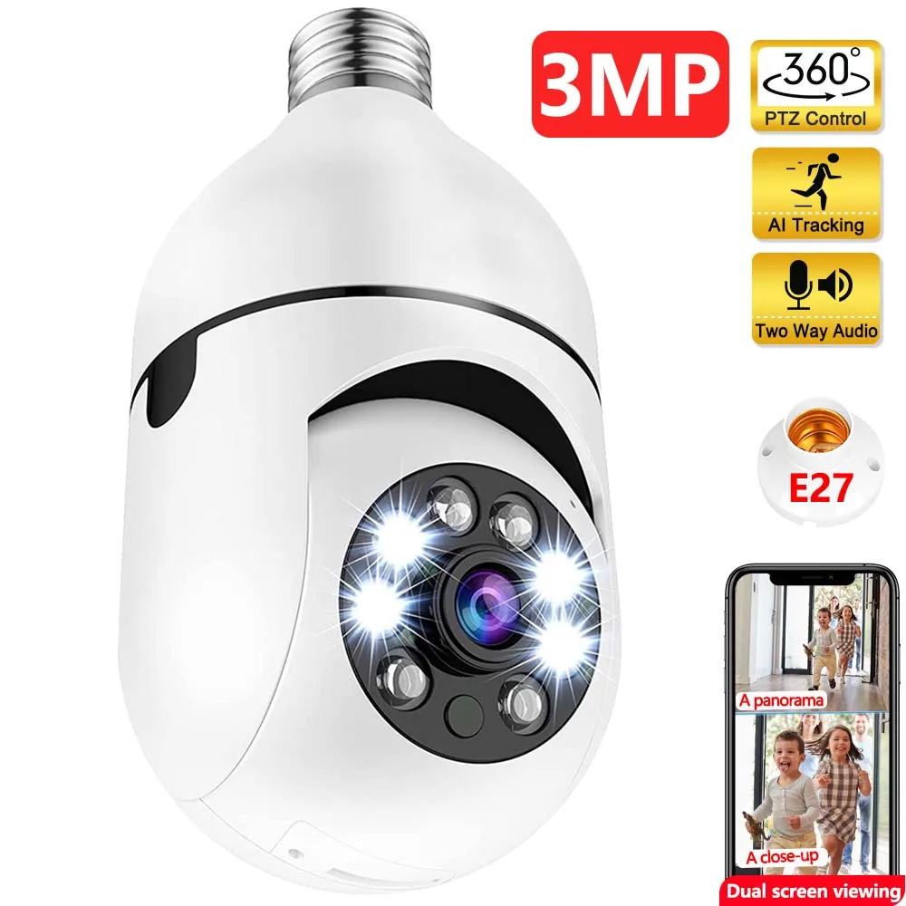 Caméra ampoule 3MP E27 WiFi Surveillance vidéo intérieure 1080P Moniteur de sécurité domestique