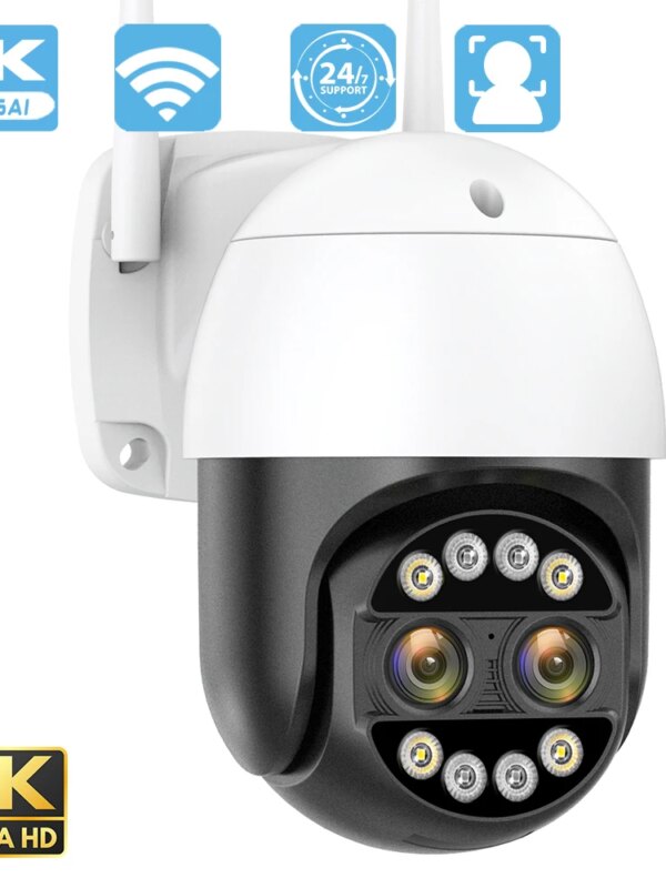 Dispositif de Surveillance Extérieure IP Sans Fil, Caméra de Sécurité de 8MP avec WiFi Capacité HD et 4K, Comporte un Double Objectif, un Zoom Numérique 8X et une Vision Nocturne avec Couleur IP66