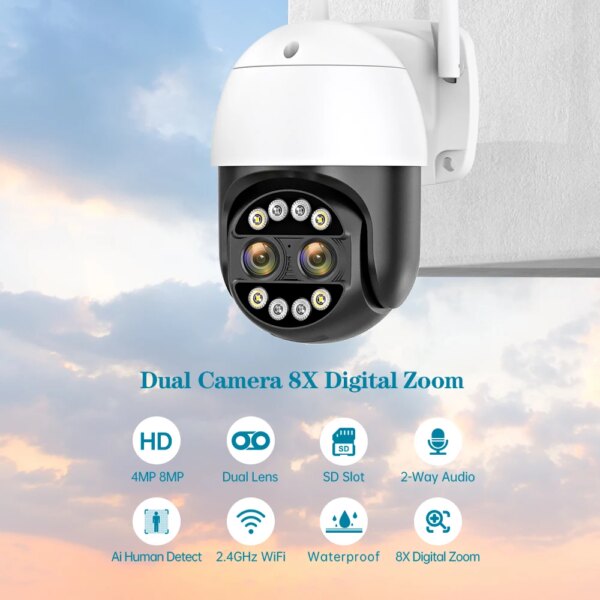 Dispositif de Surveillance Extérieure IP Sans Fil, Caméra de Sécurité de 8MP avec WiFi Capacité HD et 4K, Comporte un Double Objectif, un Zoom Numérique 8X et une Vision Nocturne avec Couleur IP66