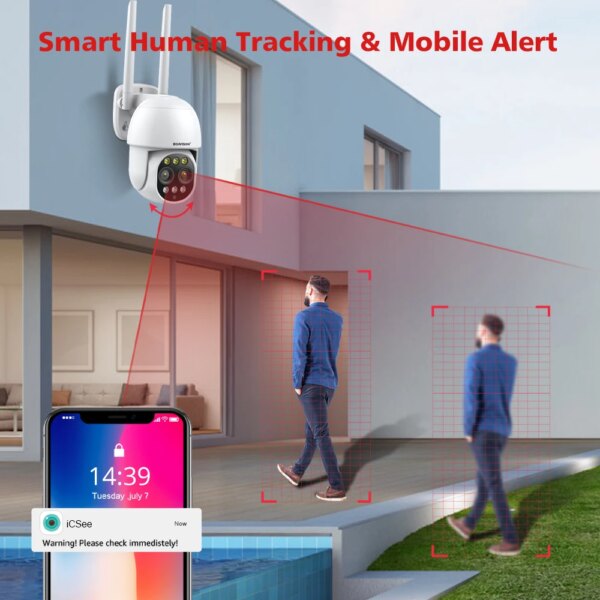 camera de surveillance extérieure PTZ WIFI HD 4K 8MP, dispositif de sécurité sans fil